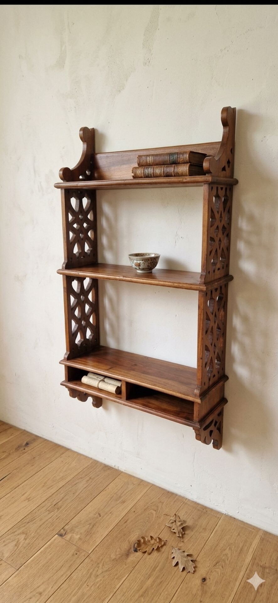 Vintage wall shelf in oriental or Moorish style, handcrafted by a cabinetmaker.
