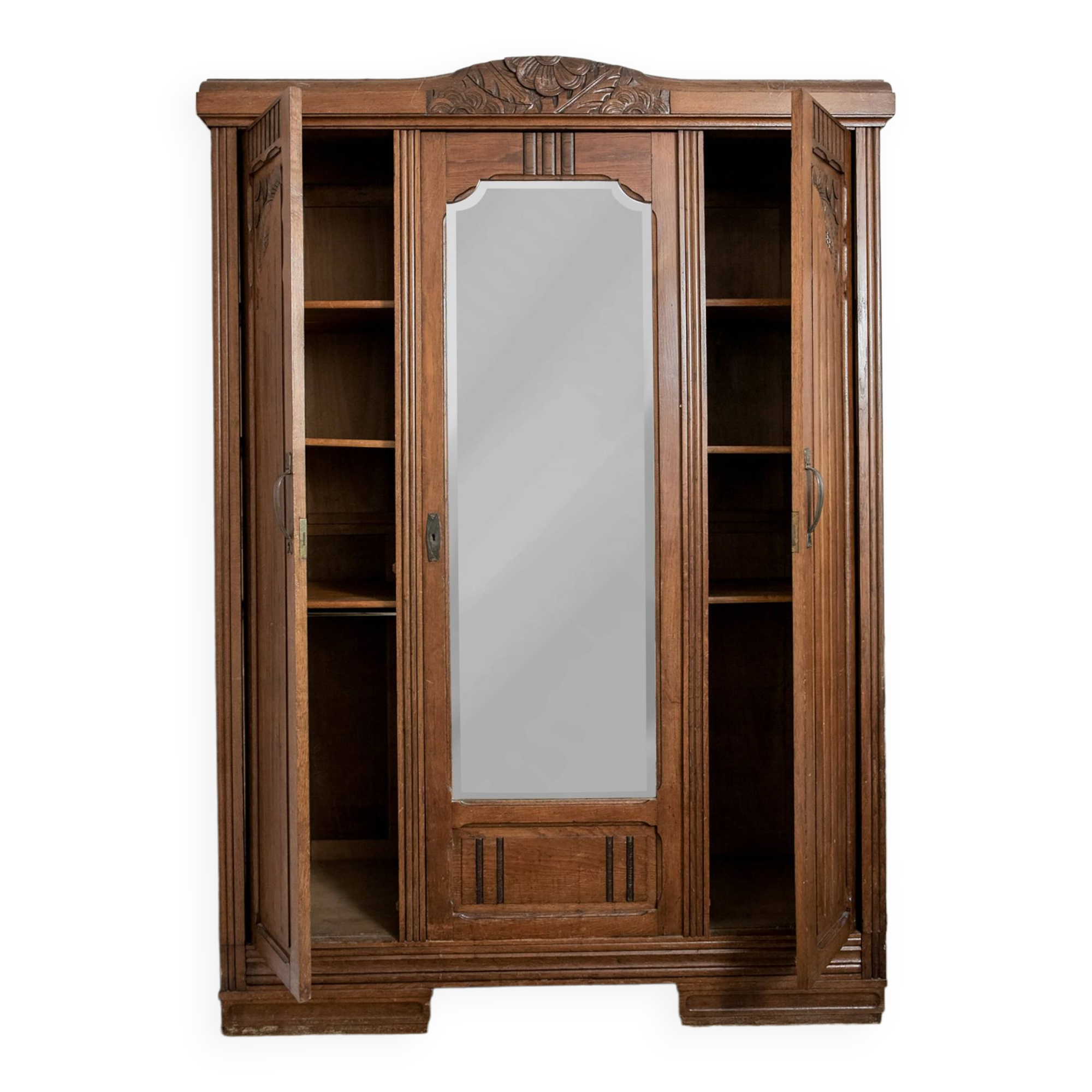 Old solid wood wardrobe with three vintage mirror doors