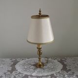 2 Light French Vintage Brass Boulotte Table Lamp With Cream Fabric Shade