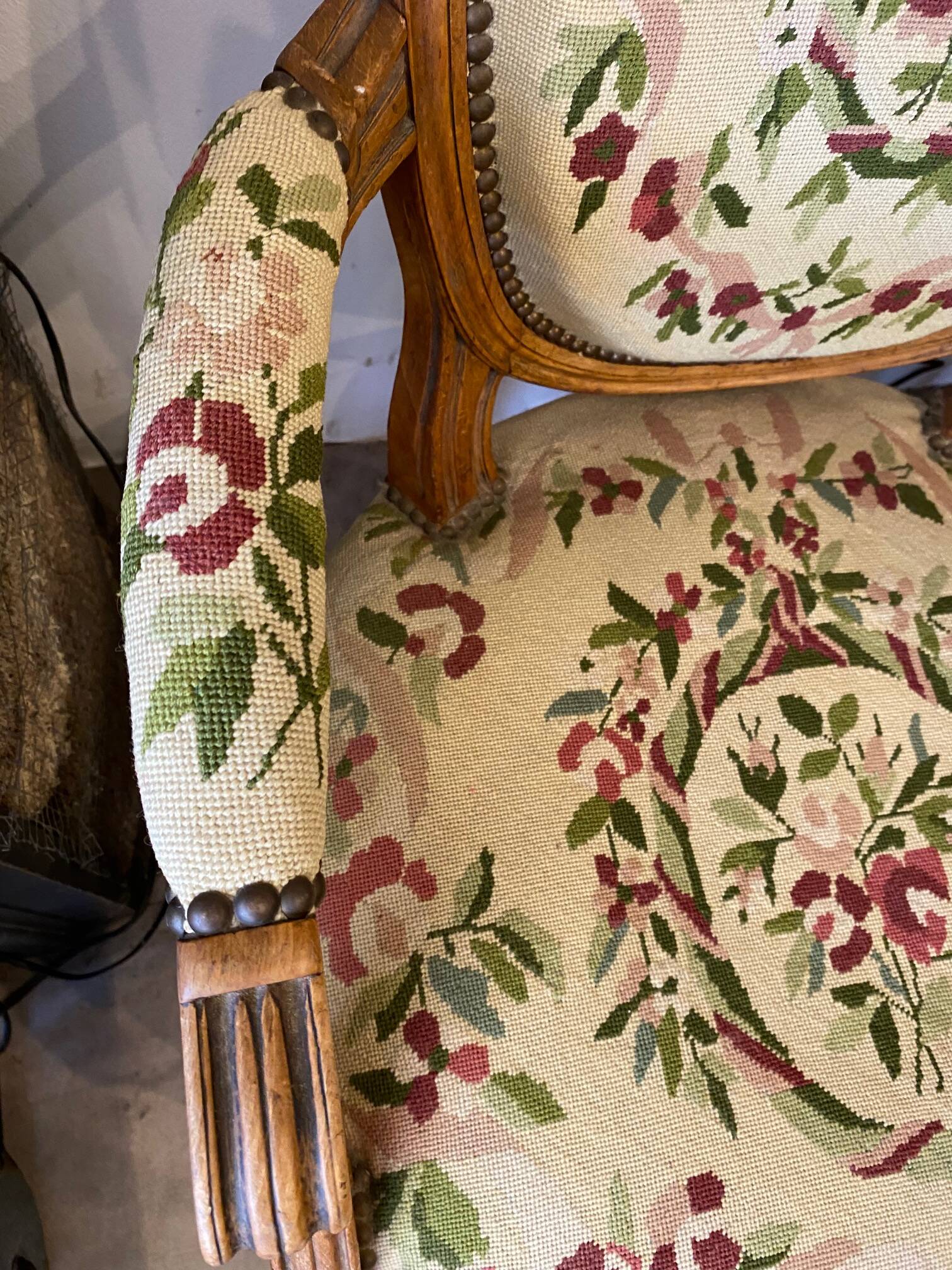 Louis XVI style medallion armchair with floral needlepoint tapestry
