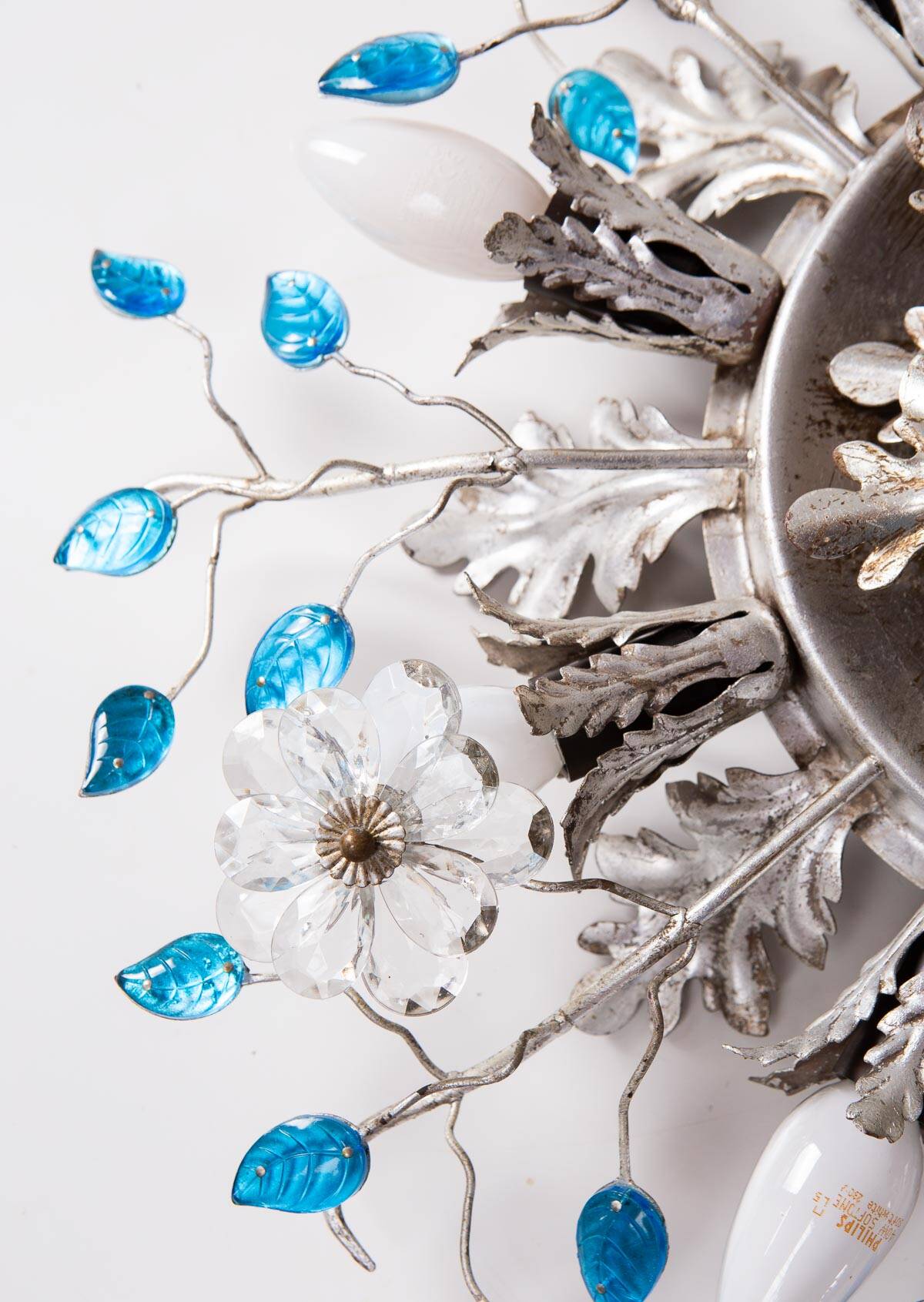 Italian ceiling light Banci Firenze silver iron and blue crystal leaves 60 cm