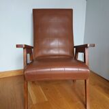 Scandinavian armchair in brown leatherette and wood