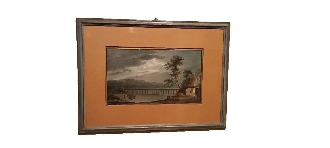 Old watercolour on paper from the early 19th century - nocturnal landscape with aqueduct and bridge