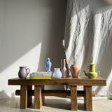 Solid wood bench with openwork base crossed by a cylinder - Mango wood