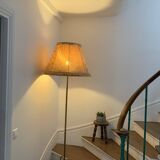Brass tripod floor lamp with golden pompom lampshade 1960