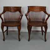 Pair of English Edwardian Oak Spindle Back Captains Office Desk Chairs