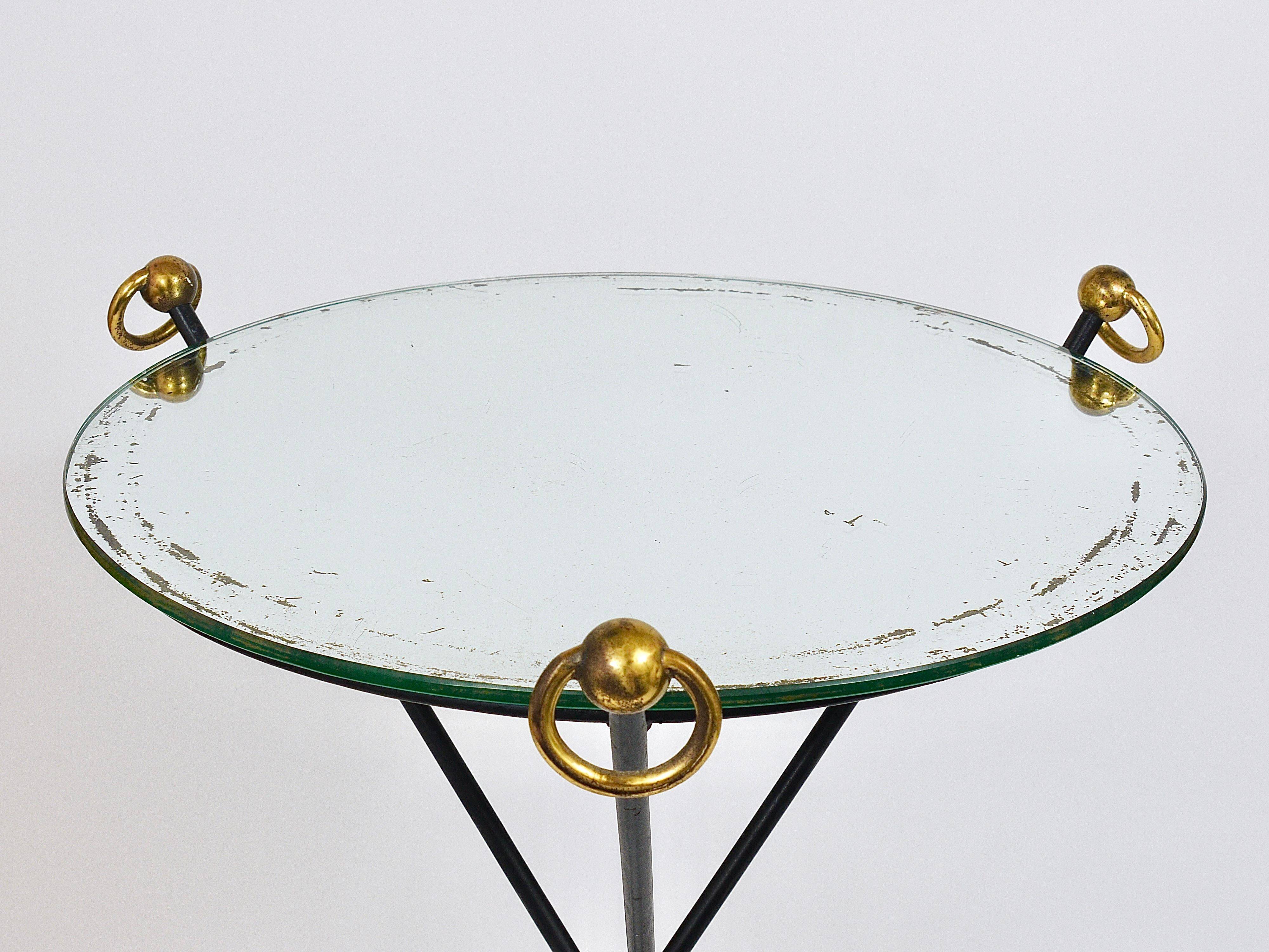French mid-century mirror side table, Jacques Adnet style, brass, 1950s.