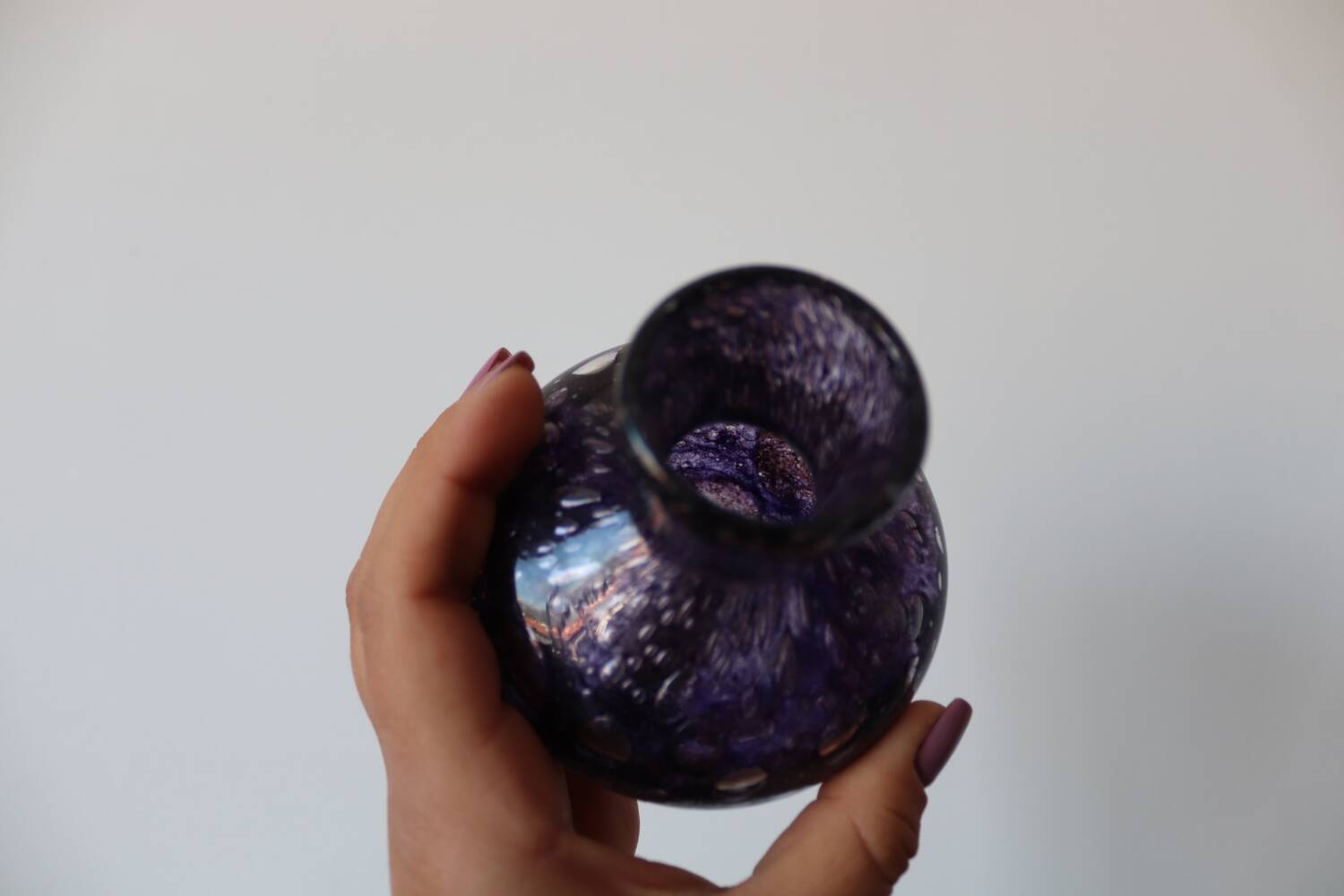 Small purple bubbled and blown glass vase