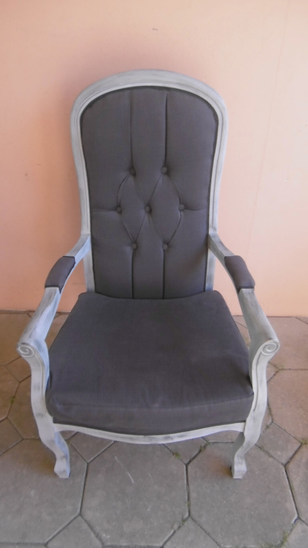 GREY PATINATED VOLTAIRE ARMCHAIR AND ANTHRACITE FABRIC