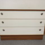 3-drawer chest of drawers in mahogany veneer and satin white, 70s-80s