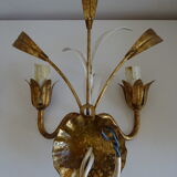 Pair of golden metal wall lights with vintage foliage flower decor