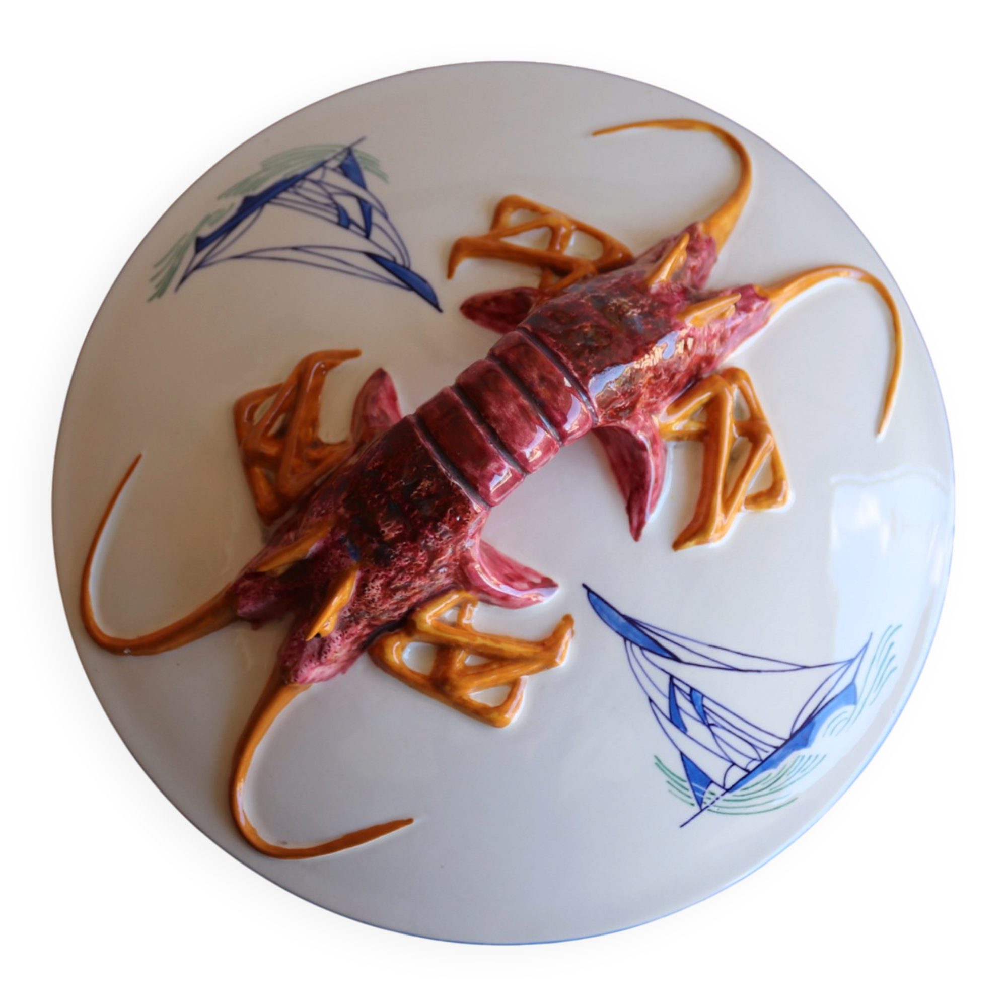 Covered ceramic vegetable dish with painted marine decoration – lobster dish