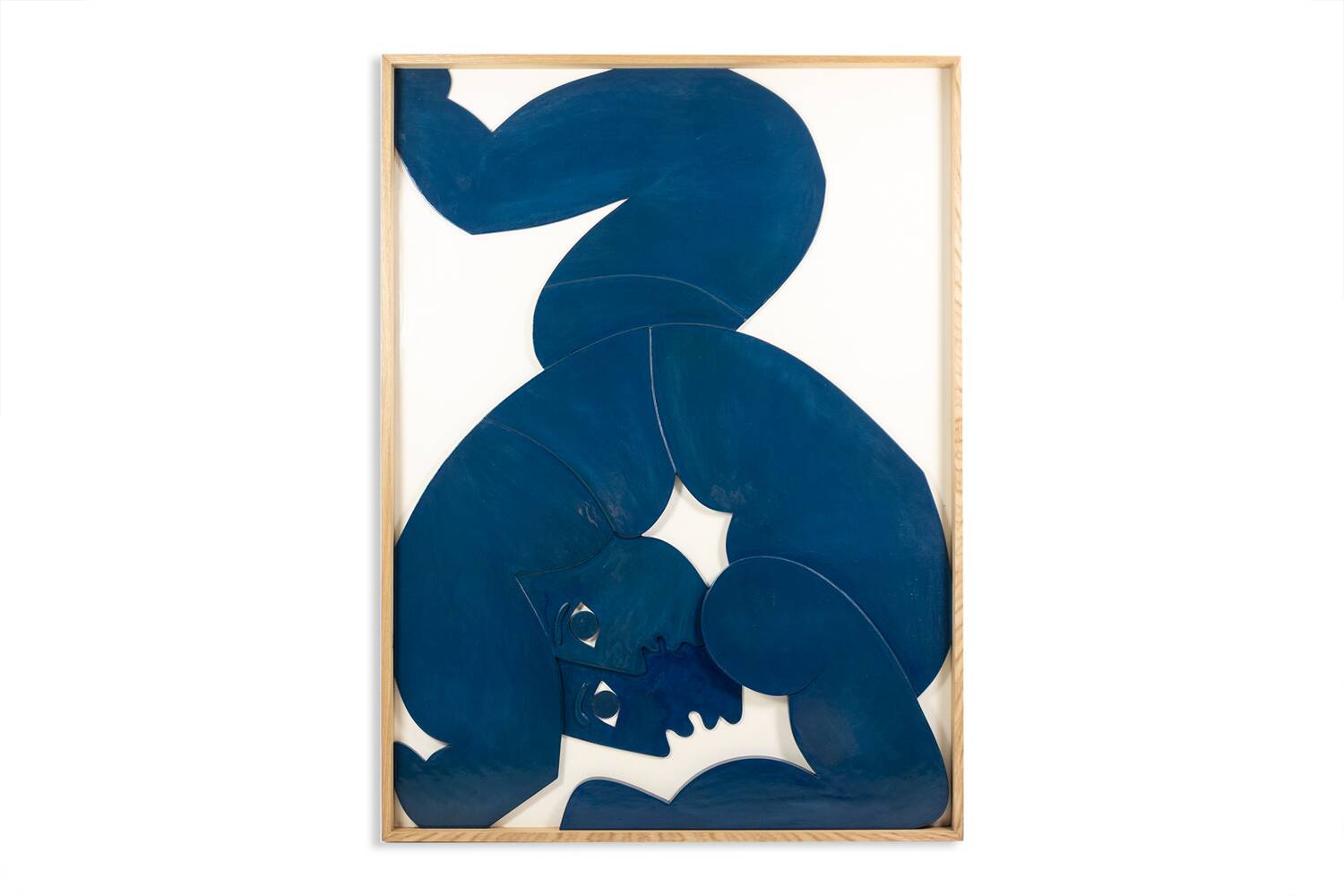 "The Twins". Bas-relief panel in blue lacquered wood. Contemporary.