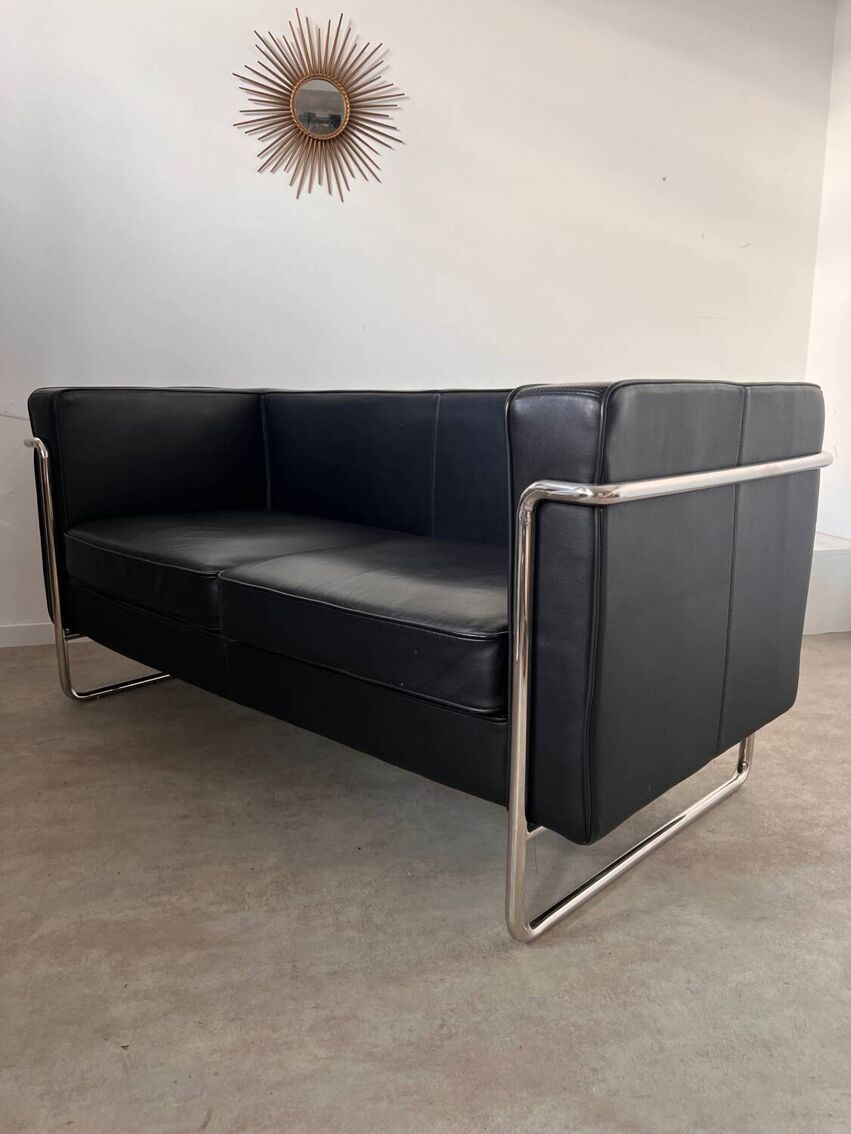 Black Leather 2 Seater Tubular Sofa
