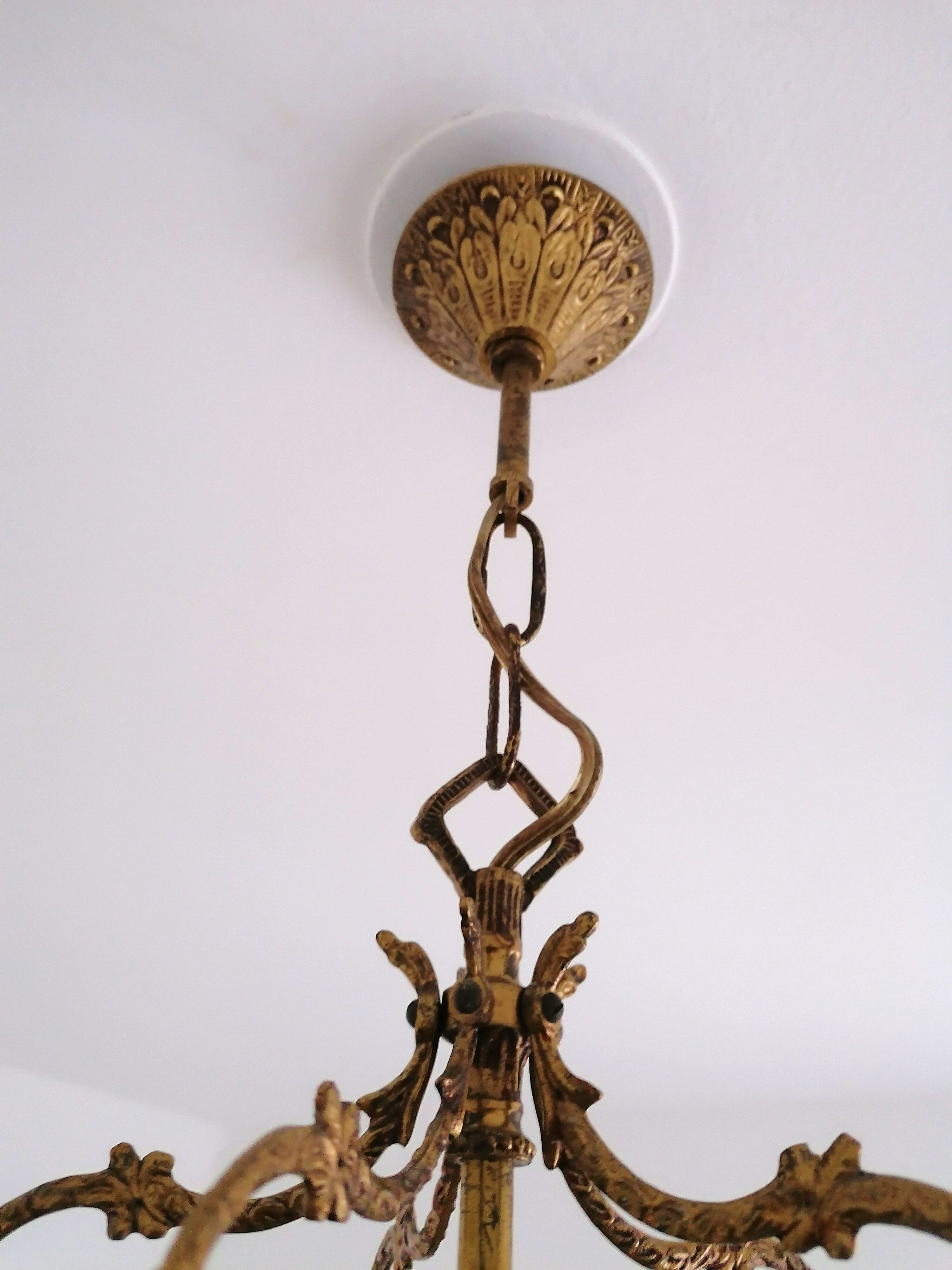 Former Hall Lantern in Golden Bronze - 3 Fires - 5 Chiseled Glass Faces - Early XX th.