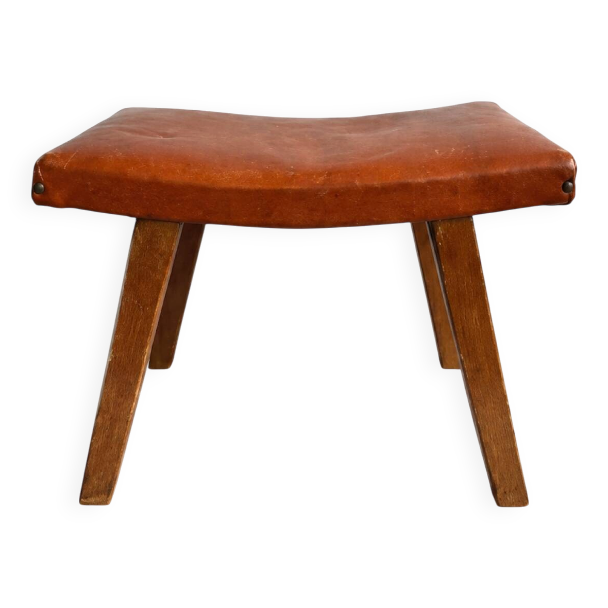 Mid-Century Modern Curved Saddle Leather Footstool Stool Brutalist Ott