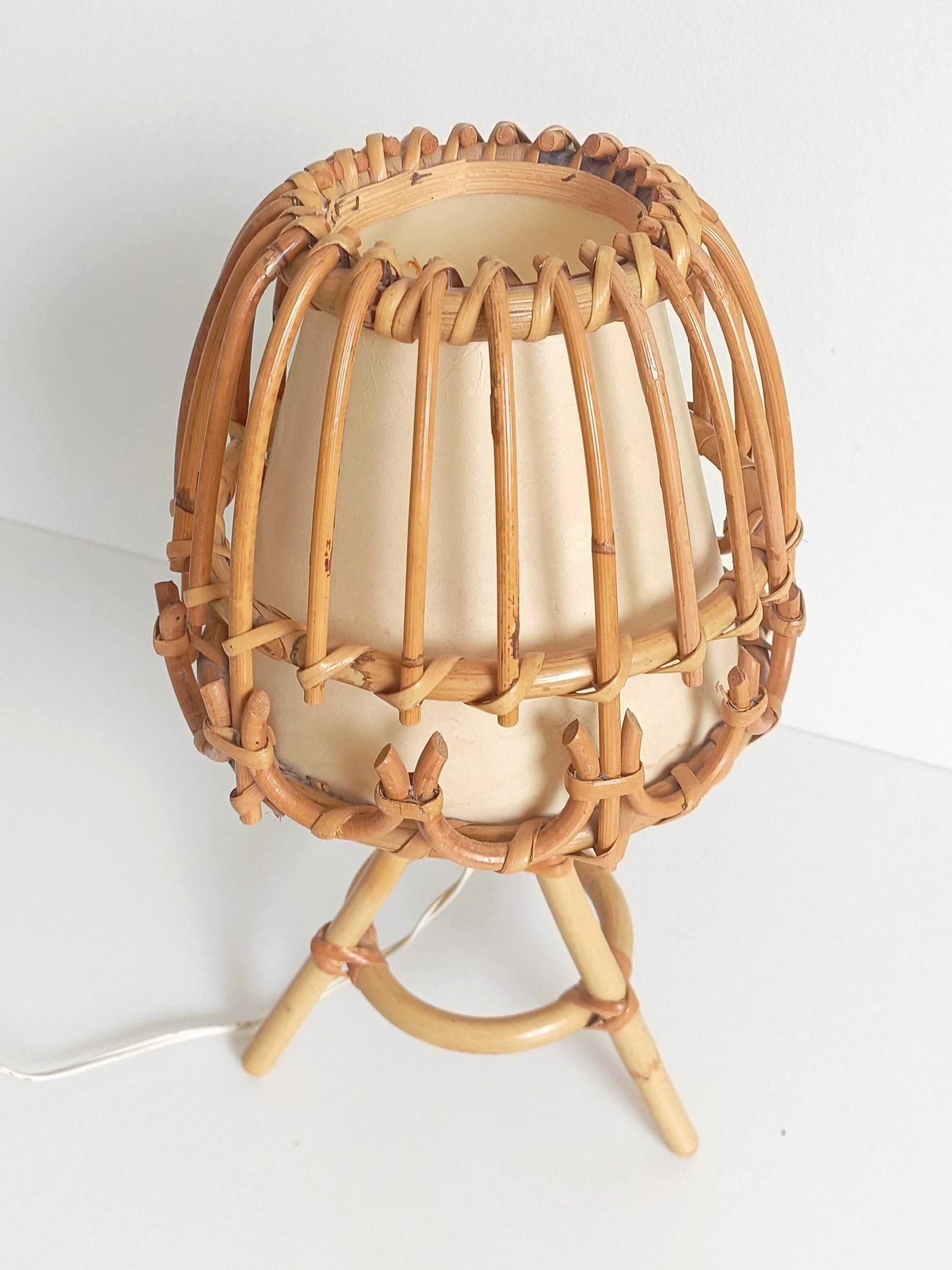 Midcentury Bamboo and Rattan Table Lamp, Attributed to Louis Sognot