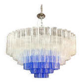Large Transparent and Blue "Tronchi" Murano Glass Chandelier in Venini Styl