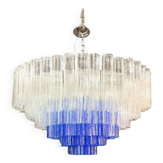 Large Transparent and Blue "Tronchi" Murano Glass Chandelier in Venini Styl