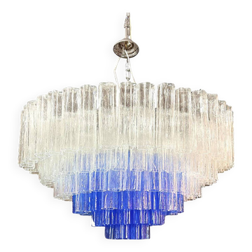 Large Transparent and Blue "Tronchi" Murano Glass Chandelier in Venini Styl