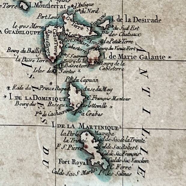 Watercolor map of the Antilles - Engraving from 1785
