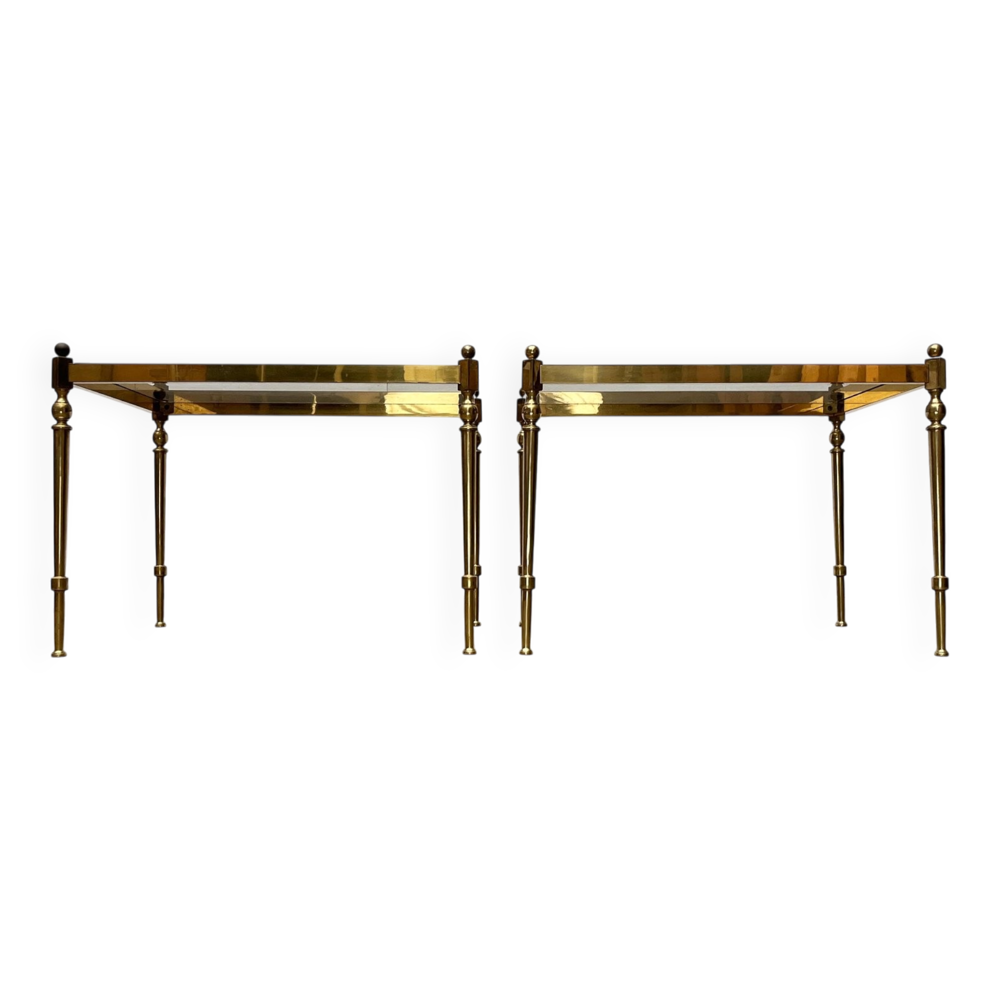 Mid-century Hollywood neoclassical brass and glass side tables or bedside tables from the 1950s, set of 2.