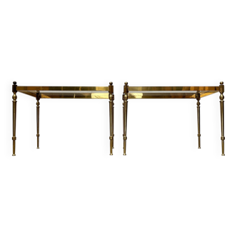 Mid-century Hollywood neoclassical brass and glass side tables or bedside tables from the 1950s, set of 2.