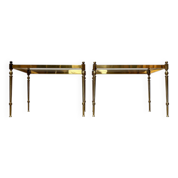 Mid-century Hollywood neoclassical brass and glass side tables or bedside tables from the 1950s, set of 2.