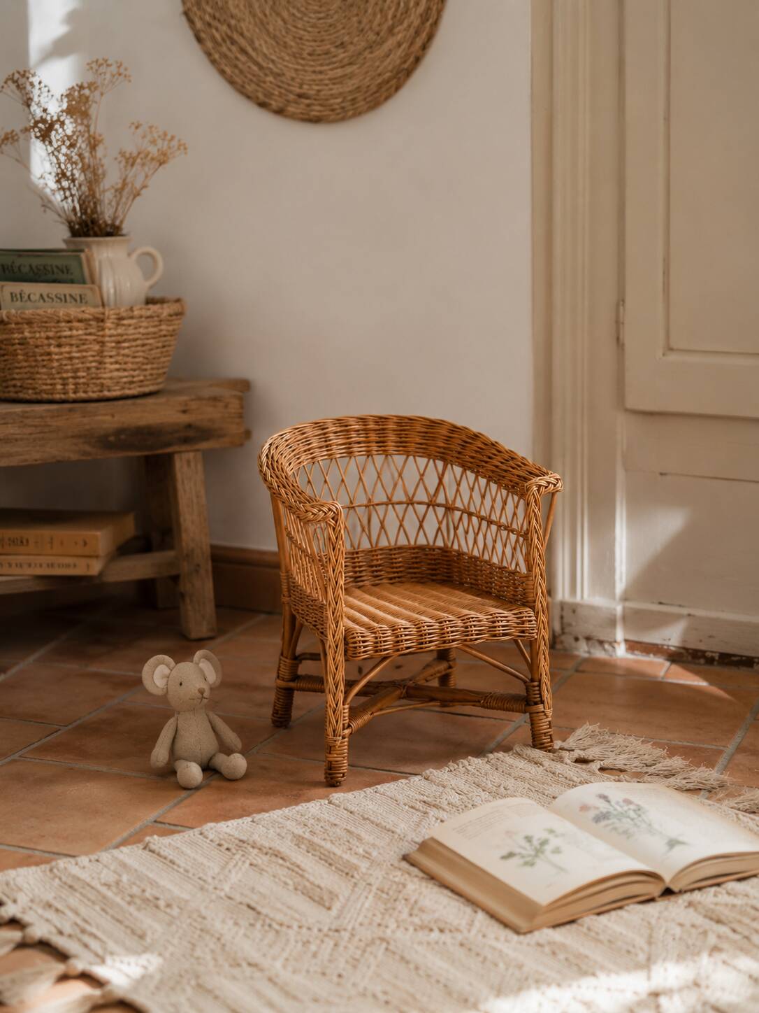Fauteuil enfant vintage en osier et rotin tressé – esprit bohème Riviera