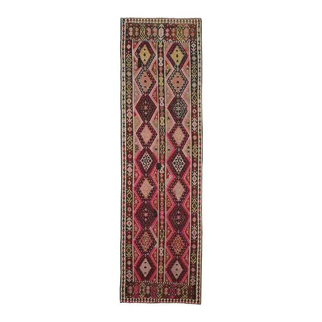 1970s Vintage Turkish Oushak Handmade Wool Cotton Pink Runner Rug 115x451