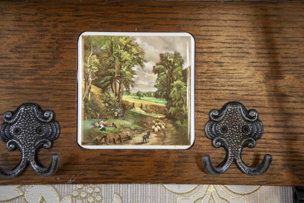 Early 20th Century Dutch Oak Wall Coat Rack with Decorative Tiles, 1950s