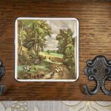 Early 20th Century Dutch Oak Wall Coat Rack with Decorative Tiles, 1950s