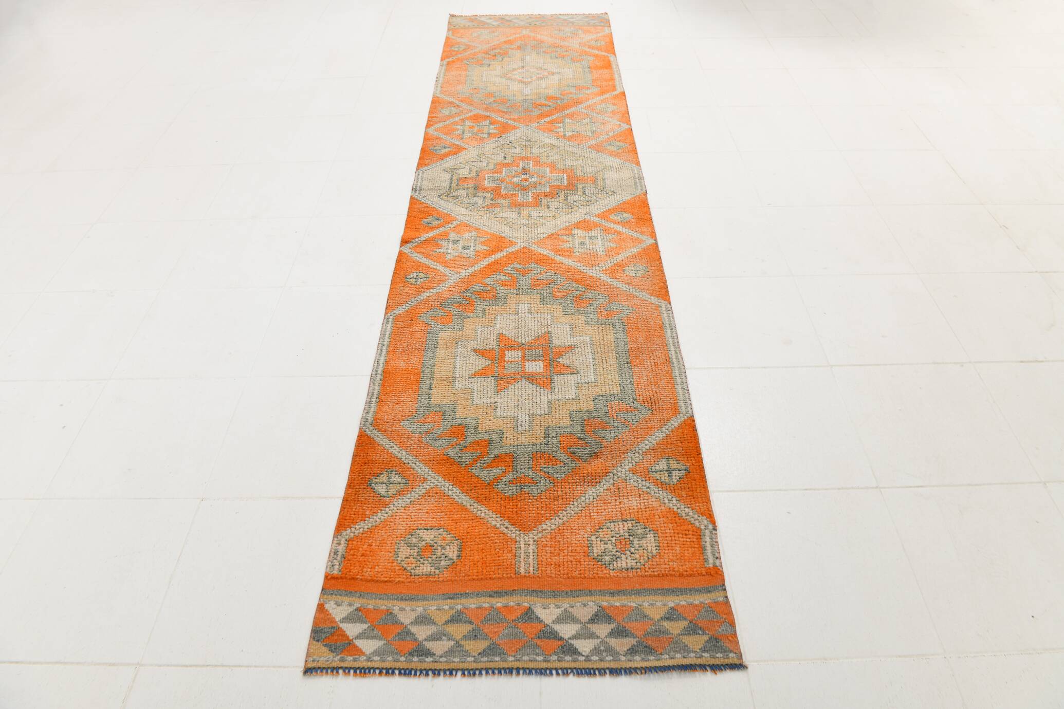 Colorful Tribal Rug, Unique Corridor Accent, Turkish Wool Runner, 86x356Cm