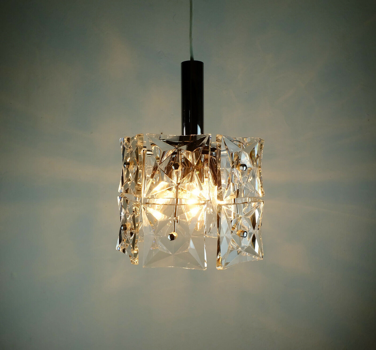 vintage PENDANT LIGHT crystal glass and chrome 14 glass prisms 1960s