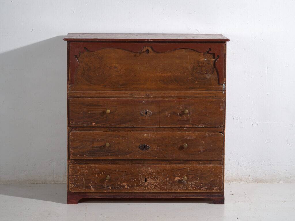 Commode secrétaire ancienne en pin – Bureau rustique européen à abattant – circa 1900