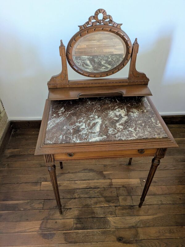 coiffeuse d'époque 1990 avec miroir  psyché orientable et marbre