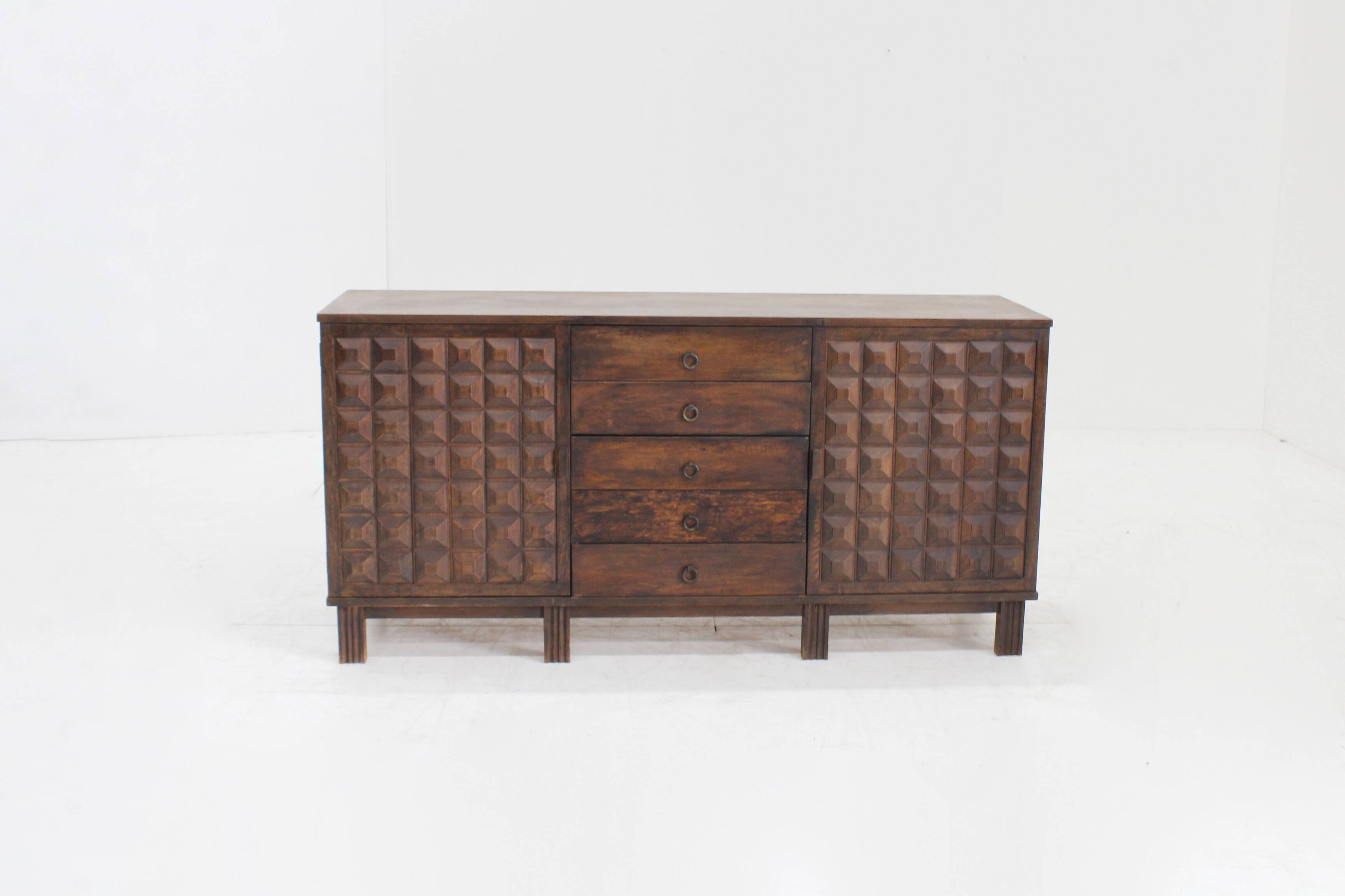 Brutalist Spanish carved sideboard credenza