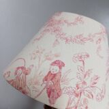 Table lamp with cream/pink toile de Jouy shade, turned wooden base 1960