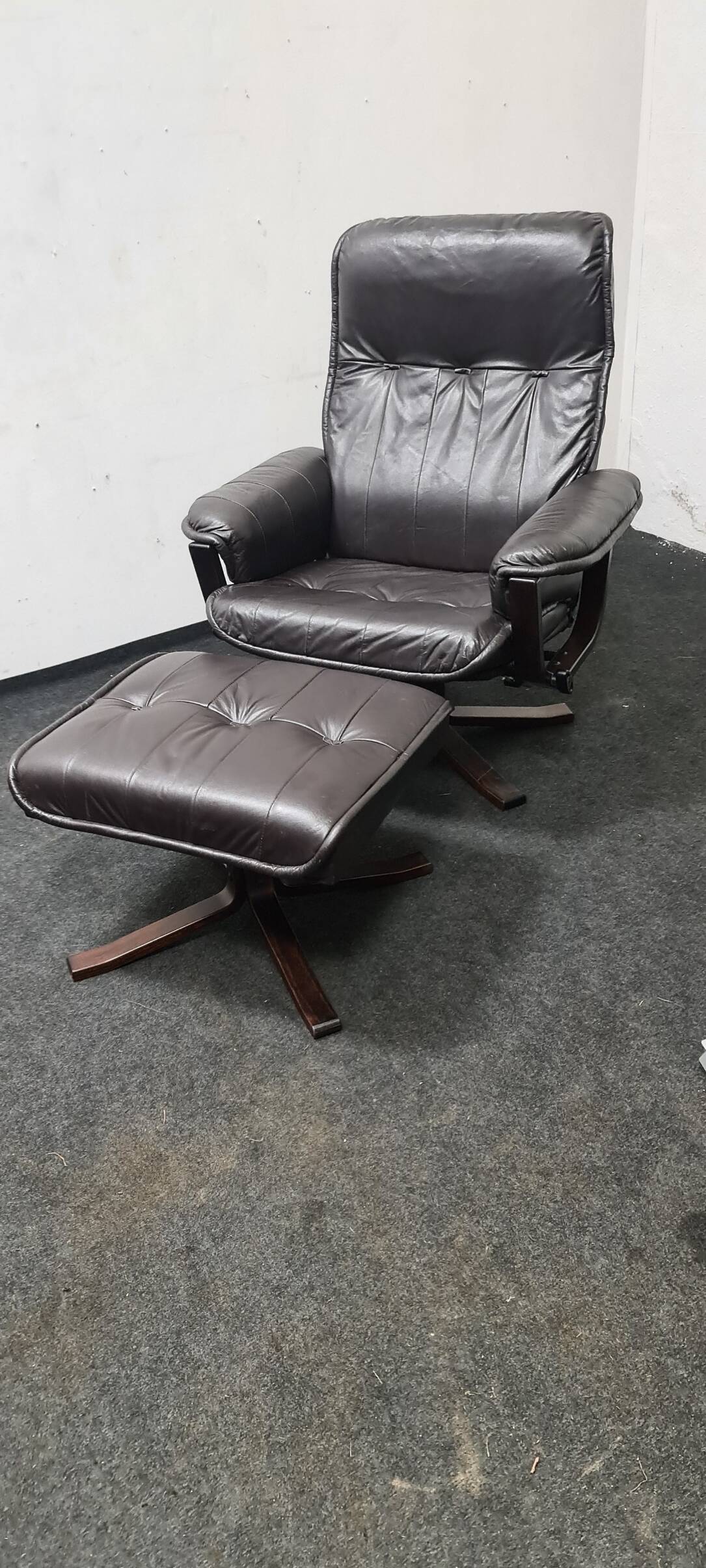 Vintage leather reclining swivel chair with foot stool