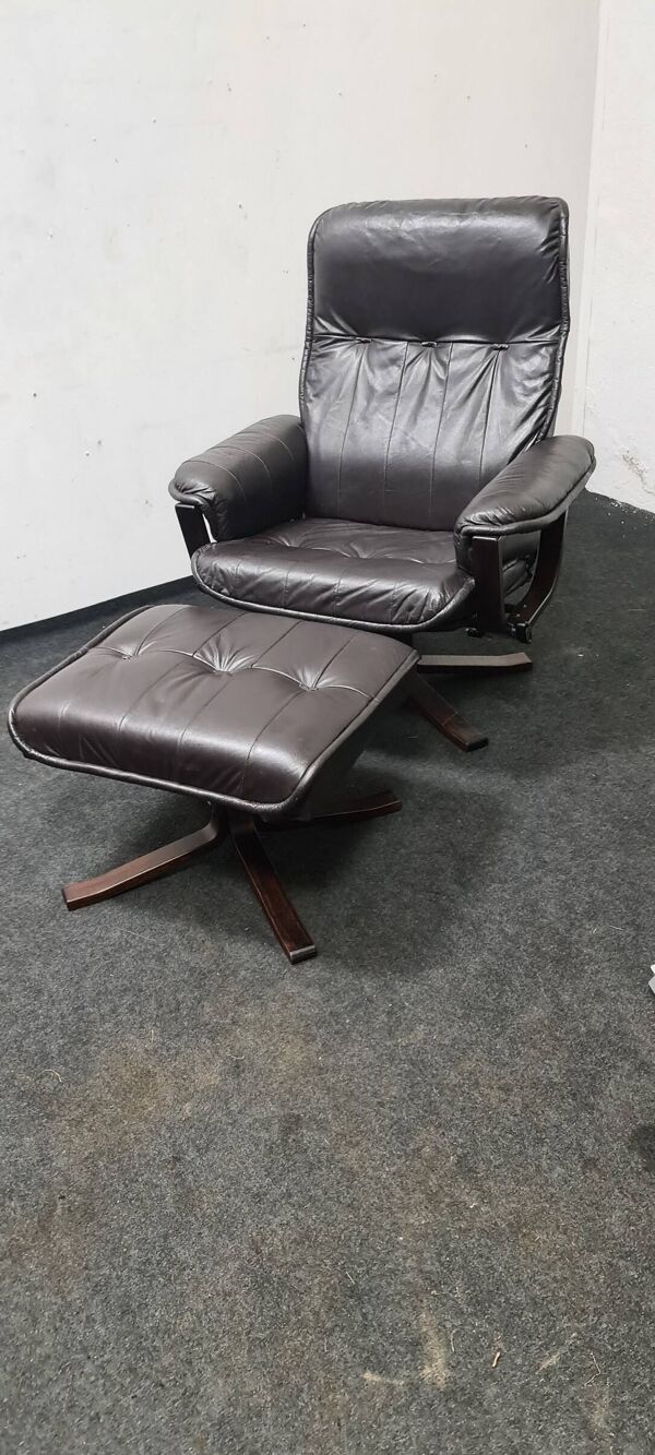 Vintage leather reclining swivel chair with foot stool