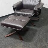 Vintage leather reclining swivel chair with foot stool