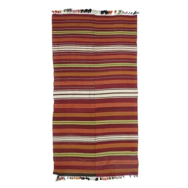 1970s Turkish Hand-Knotted Wool Kilim Flatweave Striped Rug 134x252