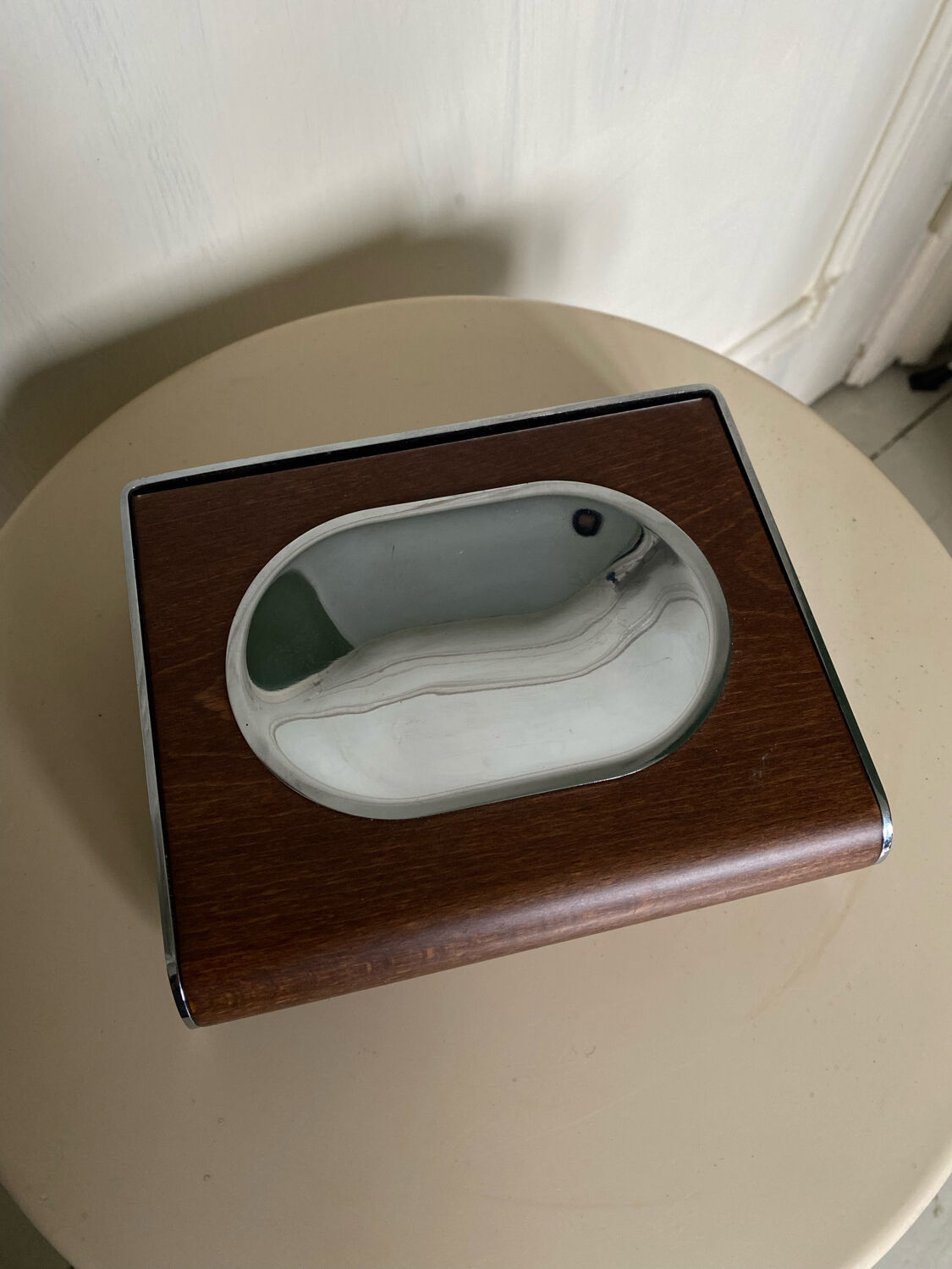 Wall soap holder design chrome and walnut wood