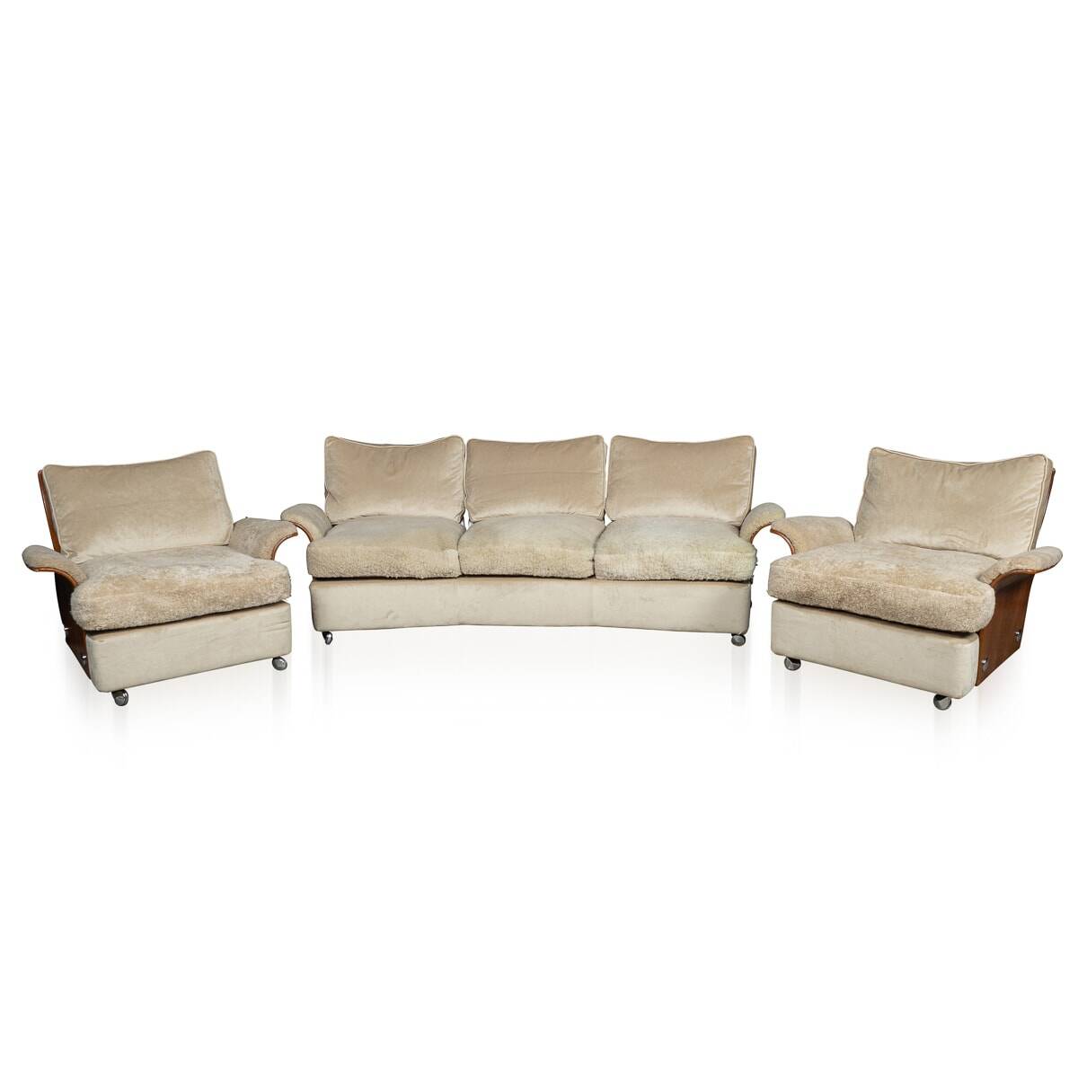 Vintage 20th century cream velvet "tulip" seating suite by km wilkins c1970