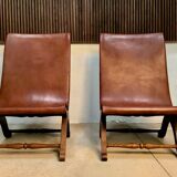 Set of 2 Spanish high-back leather slipper chairs by Pierre Lottier, 1950s