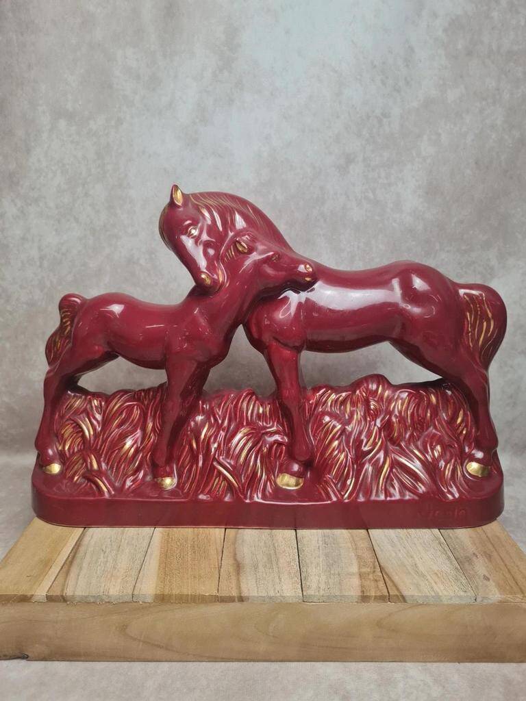 Vintage sculpture of mare and foal signed Jean – red ceramic and gilding.