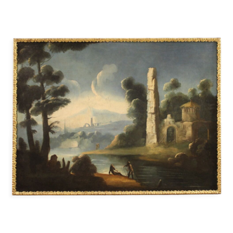 Peinture antique paysage fluvial avec des ruines et des pêcheurs du XVIIIème siècle