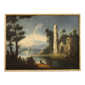 Antique painting river landscape with ruins and fishermen from the XVIIIth century