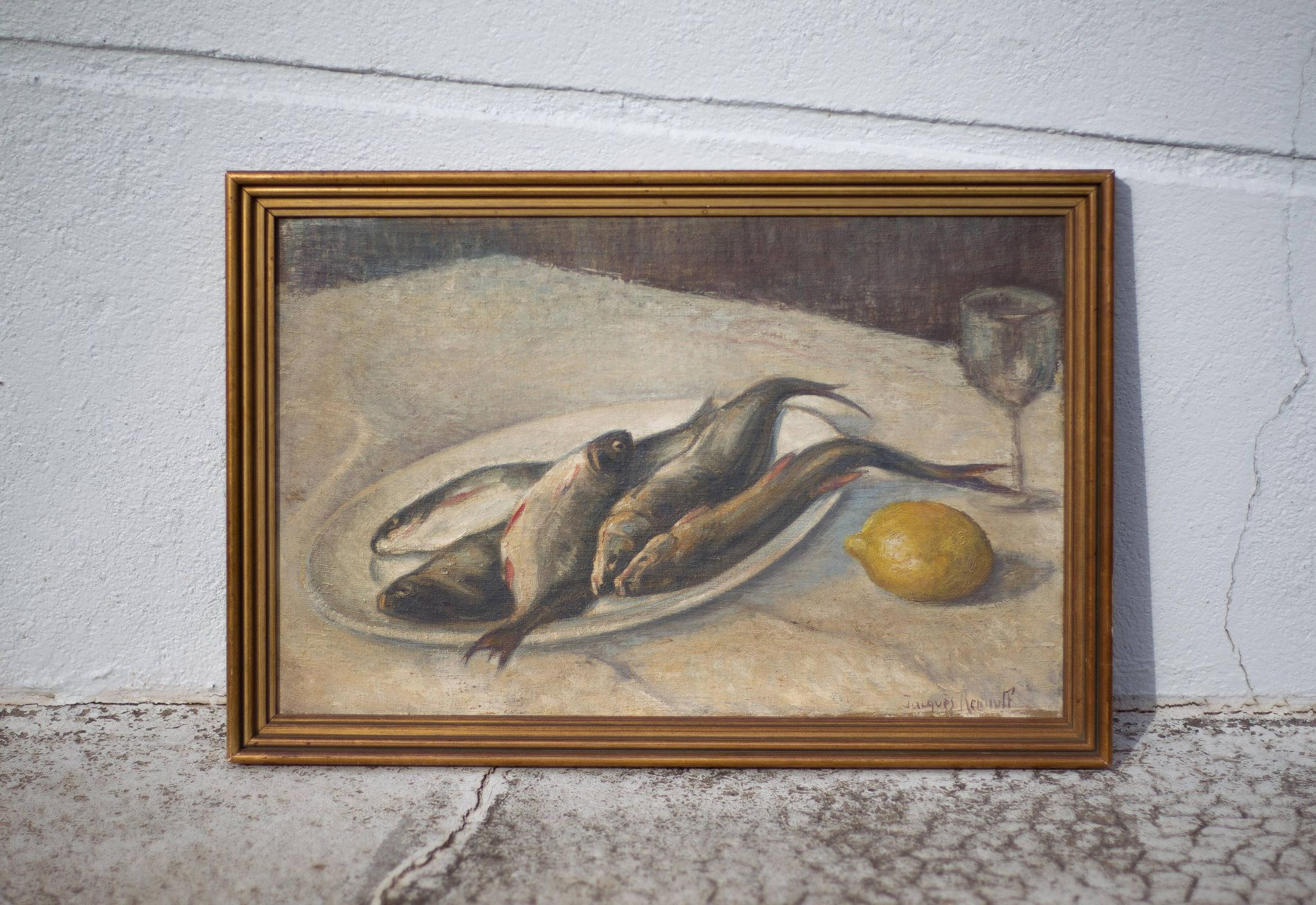 Vintage painting, still life fish painting, signed painting, wall decoration, home decor