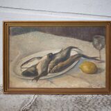 Tableau vintage, tableau nature morte poisson, peinture signée , décoration murale,home decor